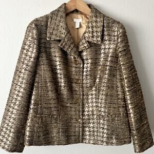 Chico’s Size 2 Olive Green‎ Metallic Gold Tweed Button Blazer women’s size large